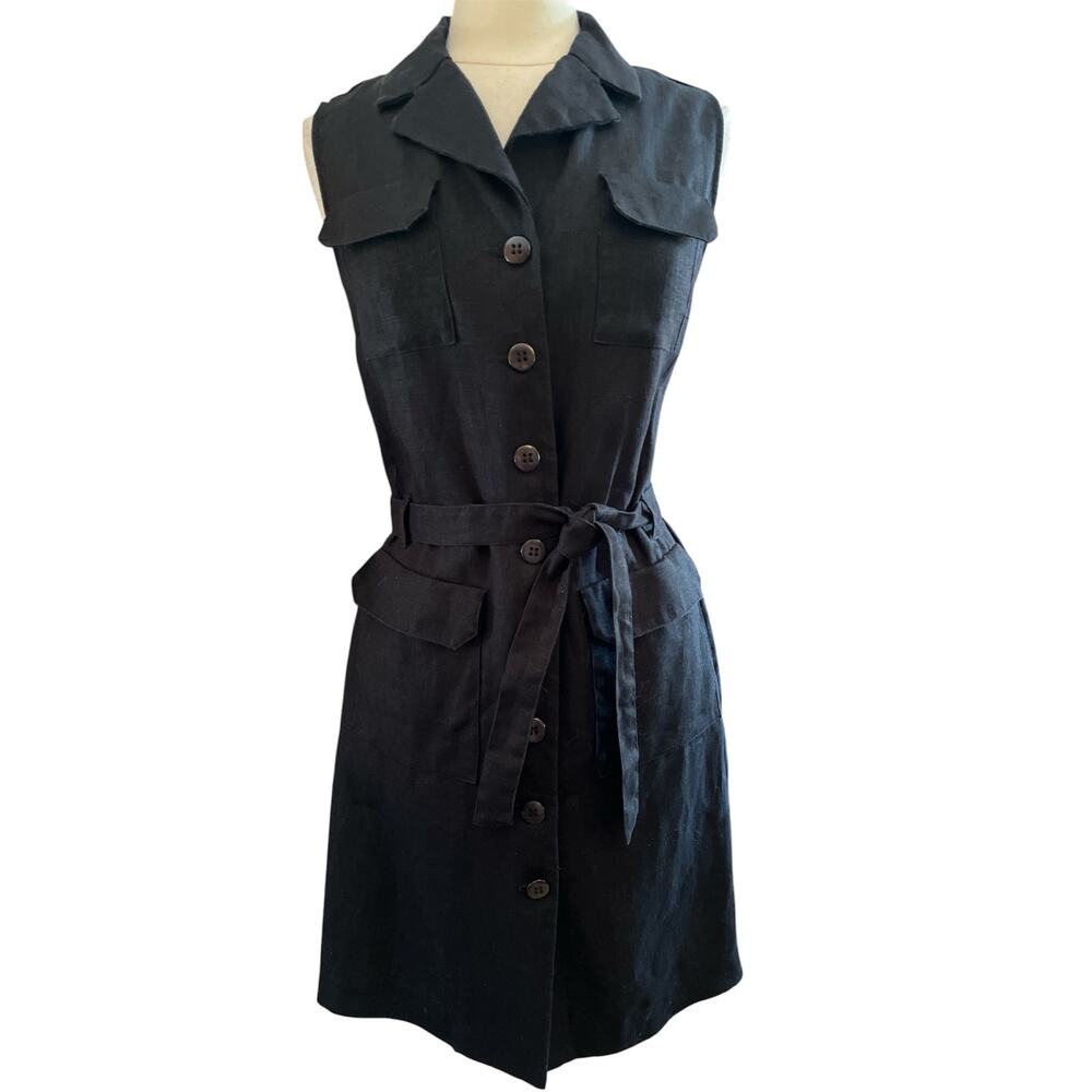 Vintage Thalian Black Linen button up Sleeveless Dress w/pockets & belt Size 8 - Picture 2 of 15
